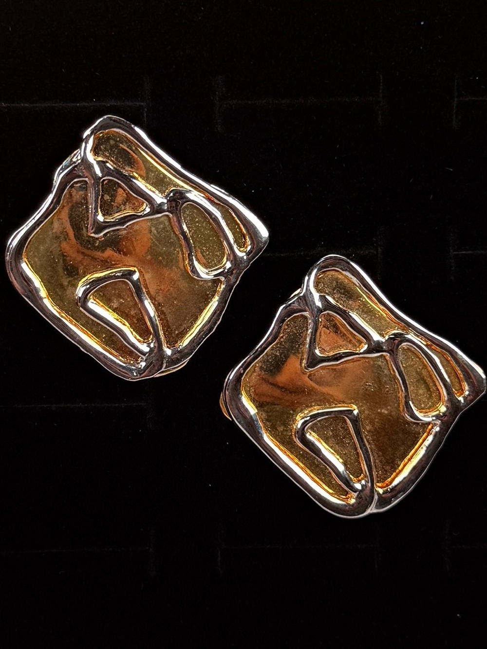 Pretty silvertone and bronze tone, geometric costume vintage clip on earrings